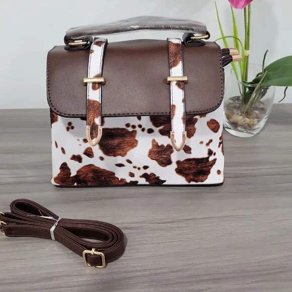 Brown Cow Print Vegan Leather Satchel Crossbody Bag - Picture 4 of 6